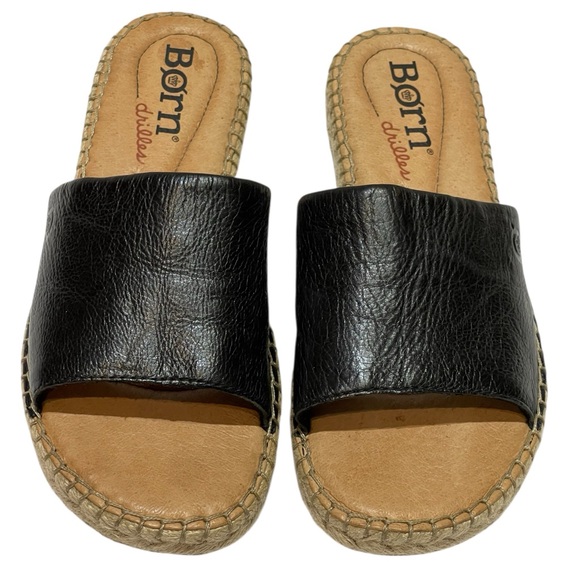 BORN SAN BENITO BLACK LEATHER ESPADRILLE SLIDE SANDALS SZ 7M EUC - Picture 3 of 14